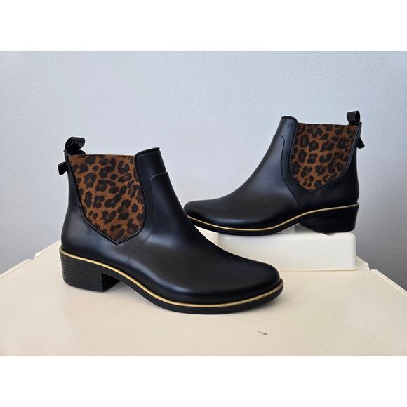 Kate Spade Leopard Chelsea Rain Boots Size 8 | Black Ankle Booties Animal Print - Picture 1 of 8